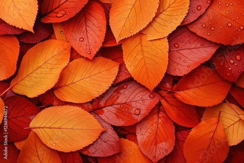 Vibrant autumn leaves in shades of orange and red covered in fresh raindrops, creating a rich and textured seasonal background