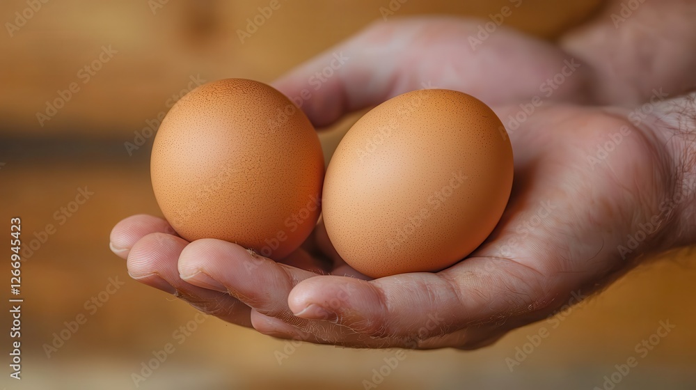 Hand-picking organic eggs. Two brown eggs held in a hand against a wooden background. Hand-picking organic eggs. Two brown eggs held in a hand against a wooden background.