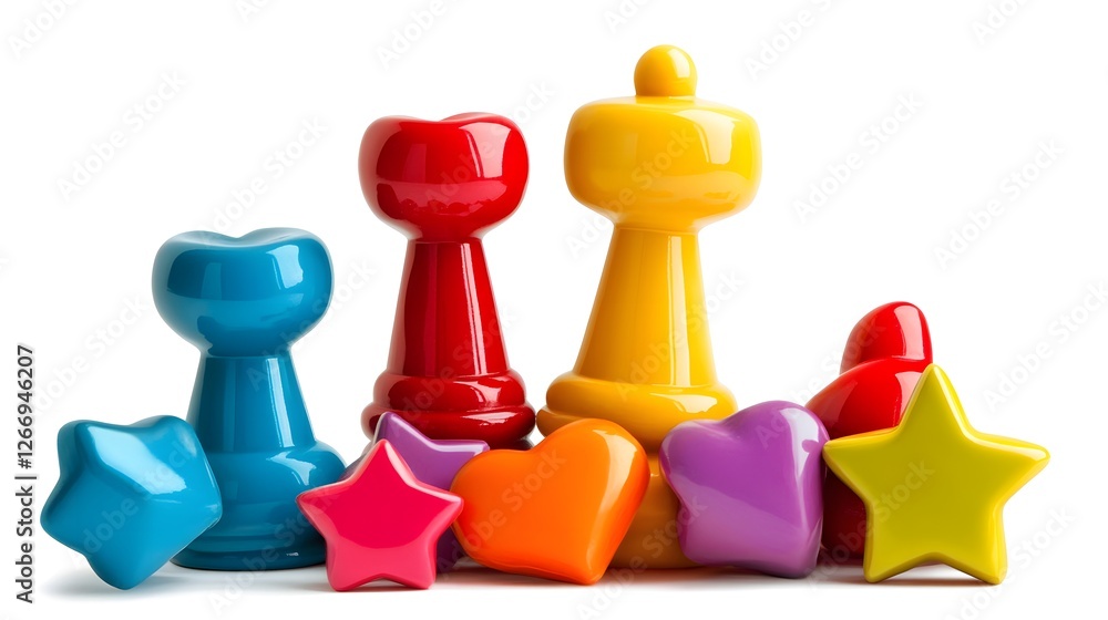 Colorful Shiny Chess Pieces with Hearts and Stars Playful Game Concept Colorful Shiny Chess Pieces with Hearts and Stars Playful Game Concept