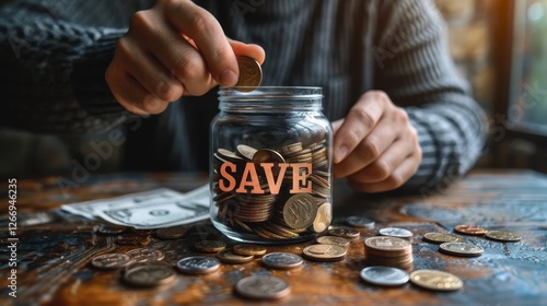 Person depositing coins into a glass jar labeled 'SAVE' on a rustic wooden table with scattered money photo