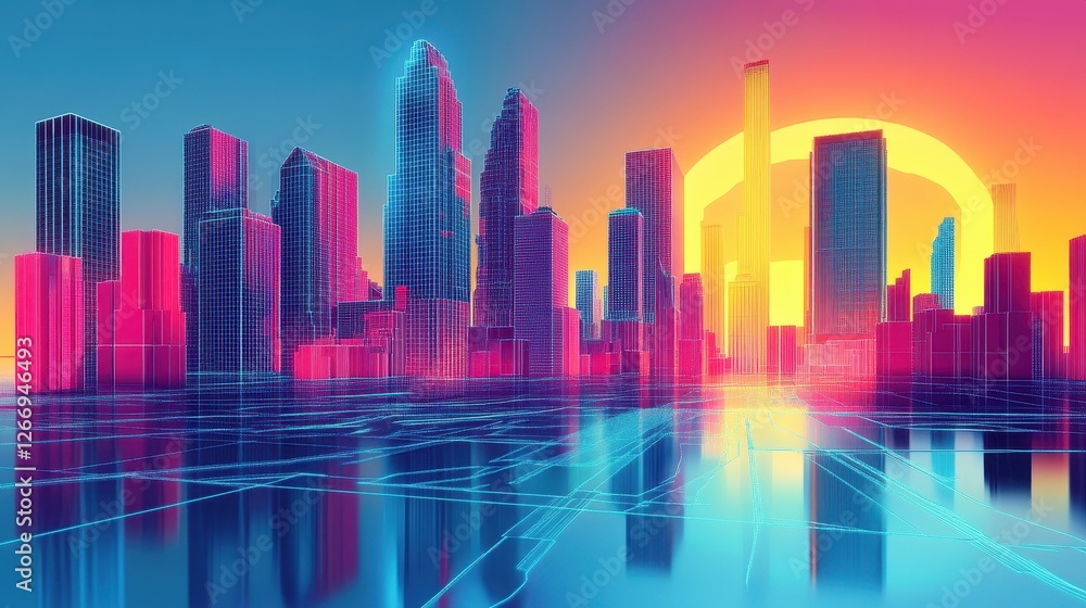 A city skyline with a sun in the background A city skyline with a sun in the background