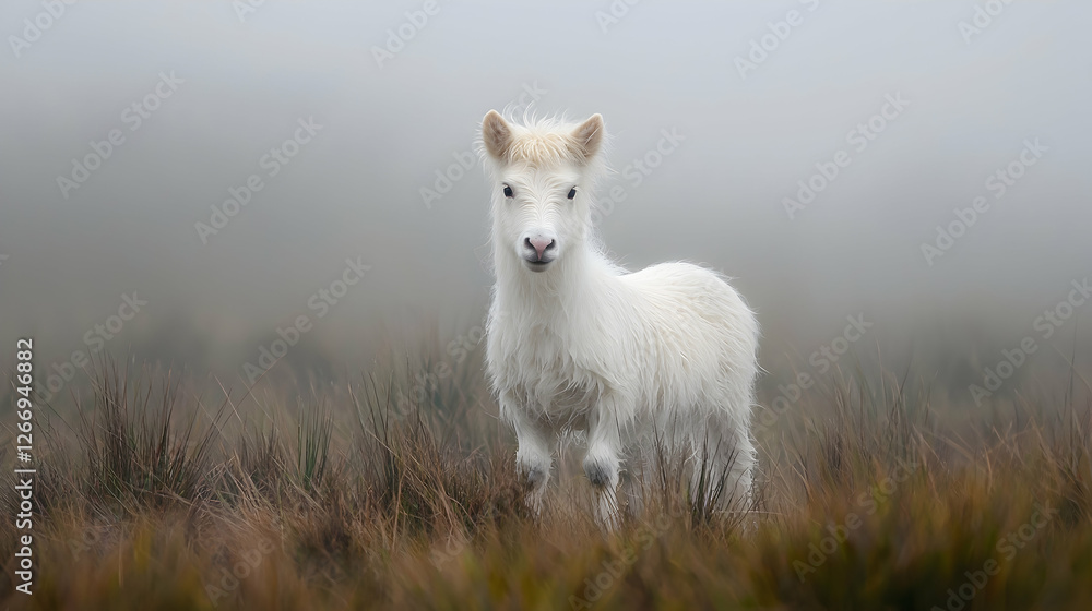 White pony in foggy moorland, peaceful scene White pony in foggy moorland, peaceful scene