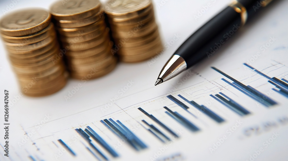 Close-up view of stacked coins, a pen, and a financial chart with bar graphs. Close-up view of stacked coins, a pen, and a financial chart with bar graphs.