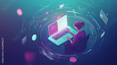 Person working on a laptop with floating digital elements suggesting data processing in a virtual environment.