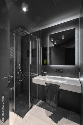 Interior of a modern total-black bathroo photo