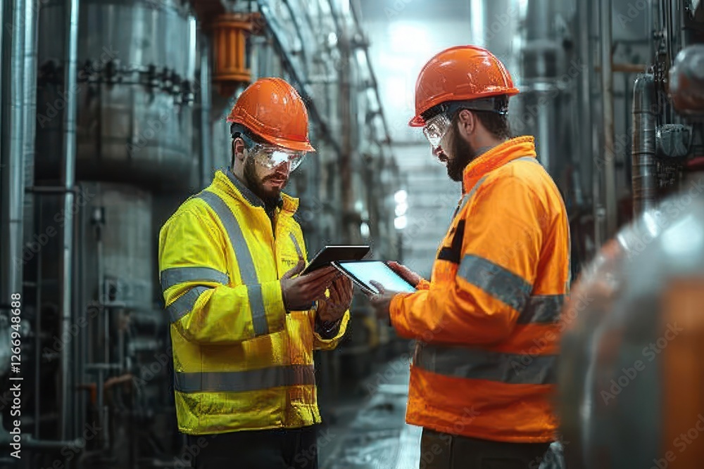 Engineers Review Machinery Safety on Tablet in Industrial Factory Setting Engineers Review Machinery Safety on Tablet in Industrial Factory Setting