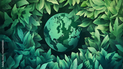 Earth surrounded by lush green leaves symbolizing environmental conservation and natural habitat preservation.