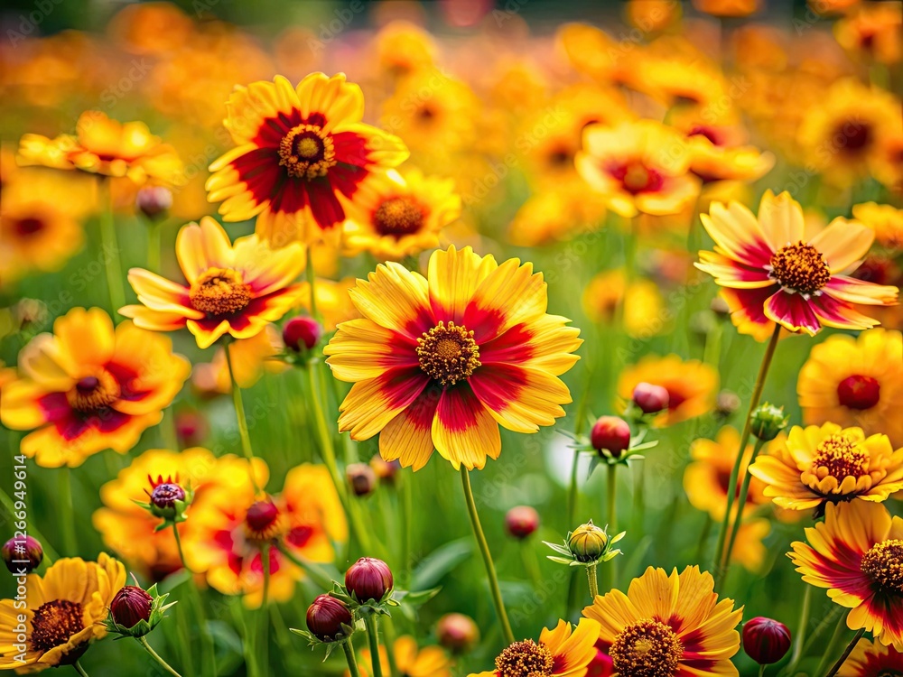 Vibrant Coreopsis creates a breathtaking garden backdrop in this stunning landscape photograph. Vibrant Coreopsis creates a breathtaking garden backdrop in this stunning landscape photograph.