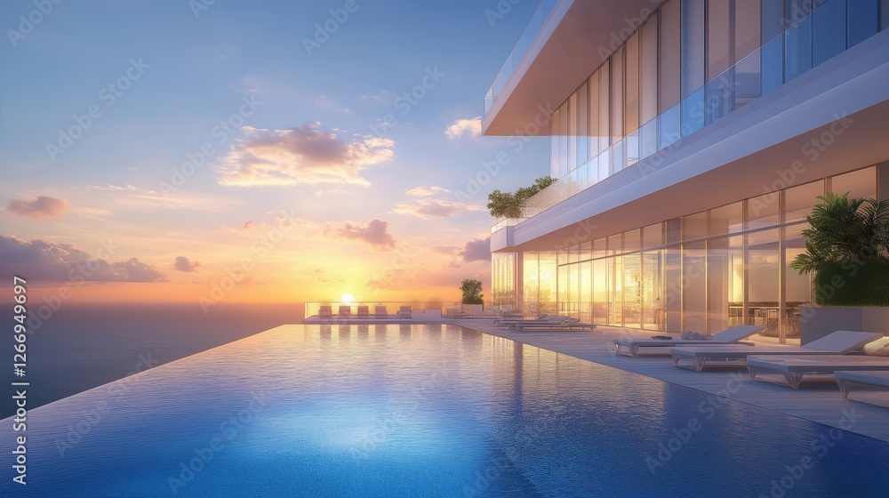 Fototapeta premium 3D rendering of a modern luxury house with a swimming pool. The house is a two-story building with a white exterior and large glass windows that allow natural light to enter the space