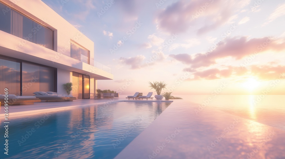 3D rendering of a modern luxury house with a swimming pool. The house is a two-story building with a white exterior and large glass windows that allow natural light to enter the space 3D rendering of a modern luxury house with a swimming pool. The house is a two-story building with a white exterior and large glass windows that allow natural light to enter the space