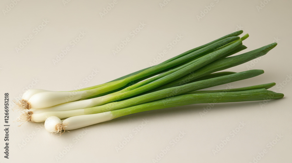 Fototapeta premium A handful of green onions with slightly twisted leaves and firm, pearly white ends, arranged diagonally on a soft beige background
