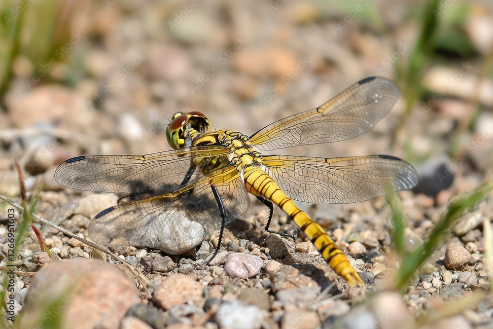 Dragonfly resting on a rocky ground with grass, insect close-up wildlife Dragonfly resting on a rocky ground with grass, insect close-up wildlife