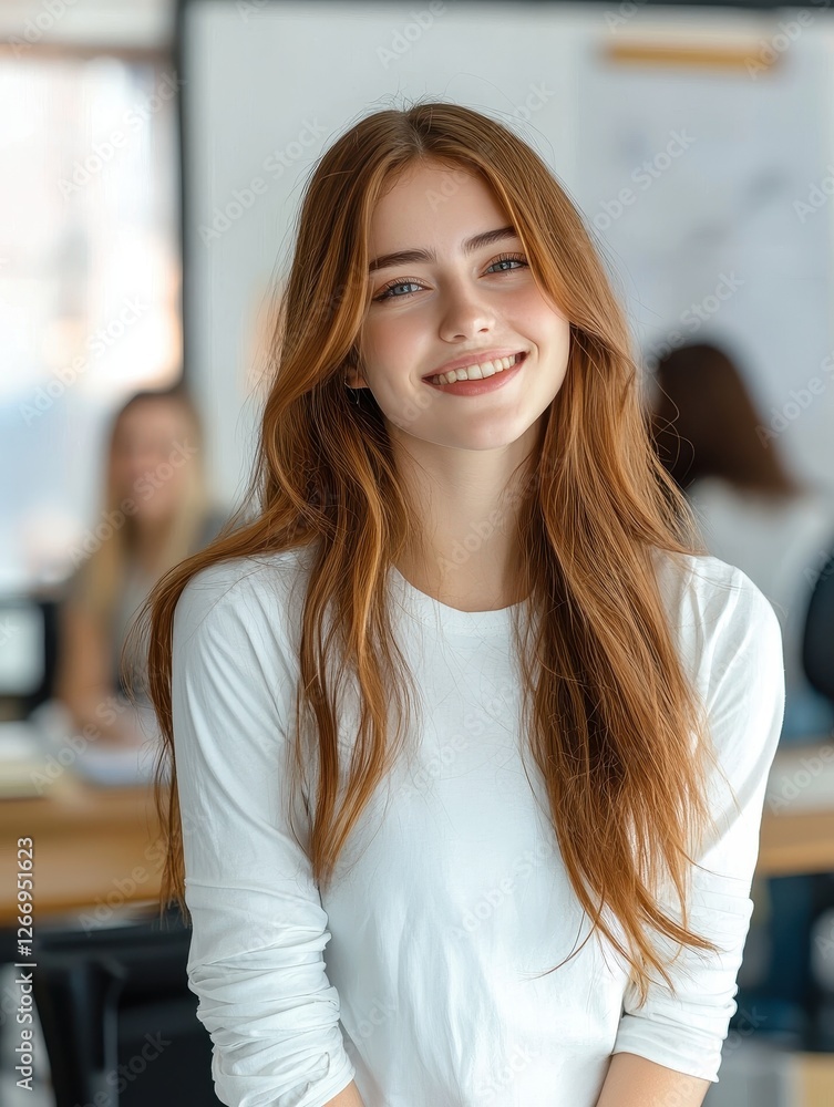 Fototapeta premium Smiling young woman in modern office portrait photography bright environment professional setting cheerful concept