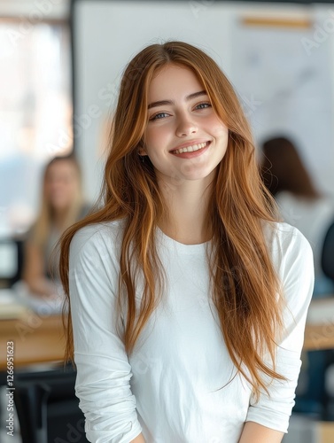 Wallpaper Mural Smiling young woman in modern office portrait photography bright environment professional setting cheerful concept Torontodigital.ca