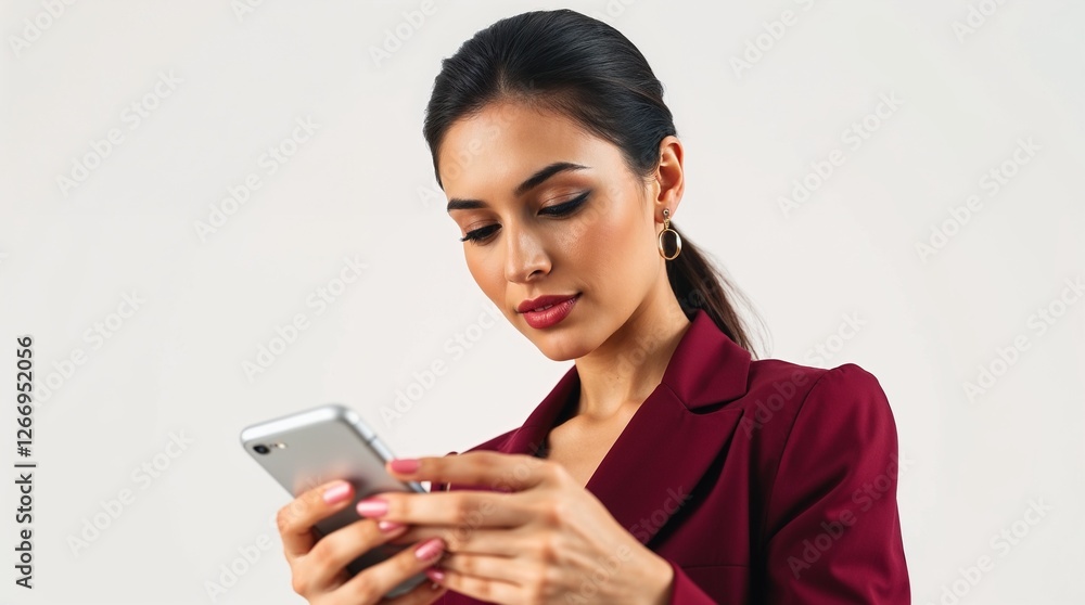 Businesswoman in red costume using smartphone , white background. Businesswoman in red costume using smartphone , white background.