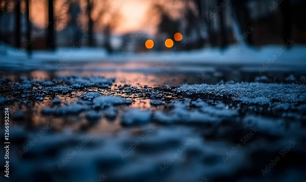 Thin layer of snow melting on asphalt in the evening Thin layer of snow melting on asphalt in the evening