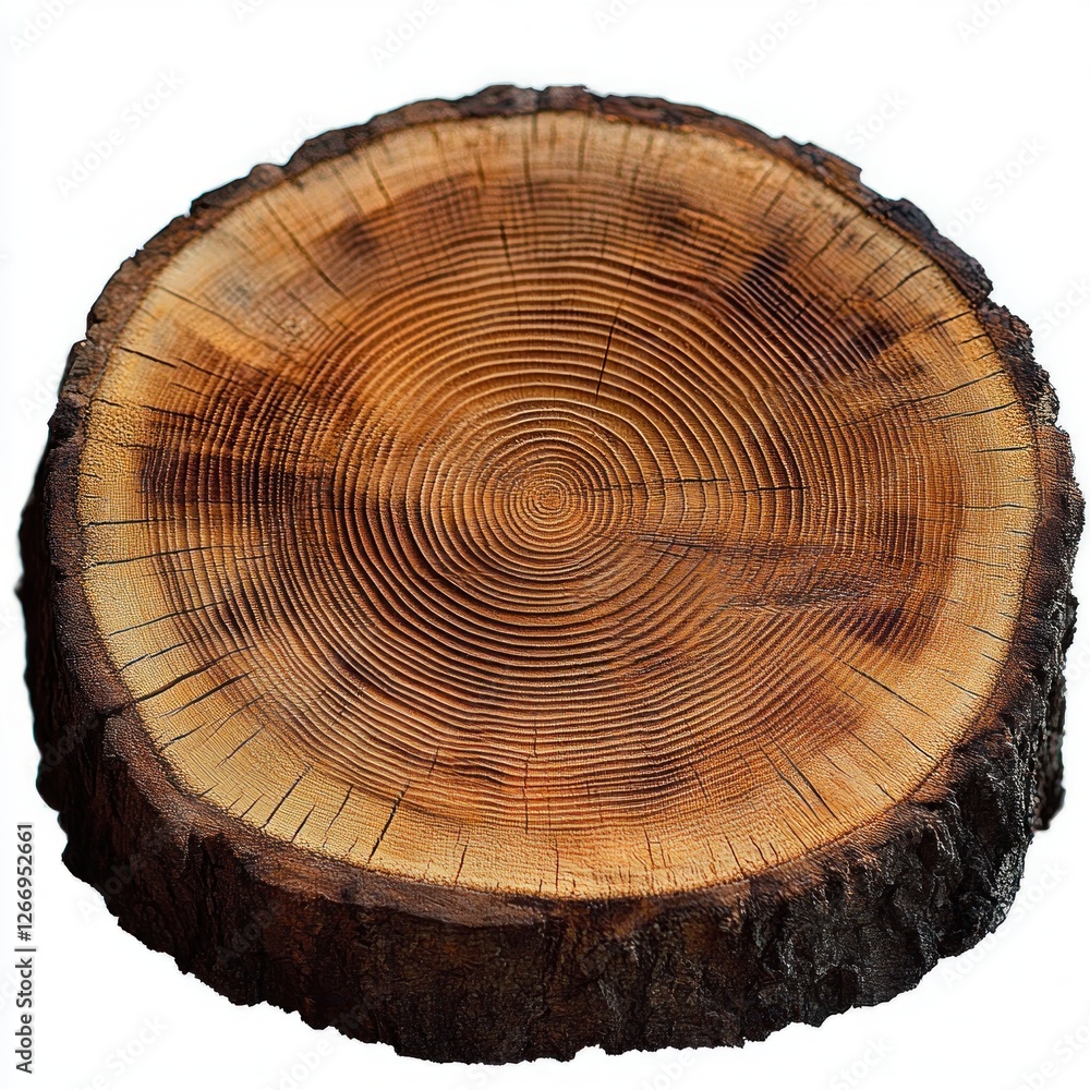 Fototapeta premium Close-Up Wooden Cross-Section with Tree Rings Detailed Macro Photography Wood Stump Trunk Isolated on White Background