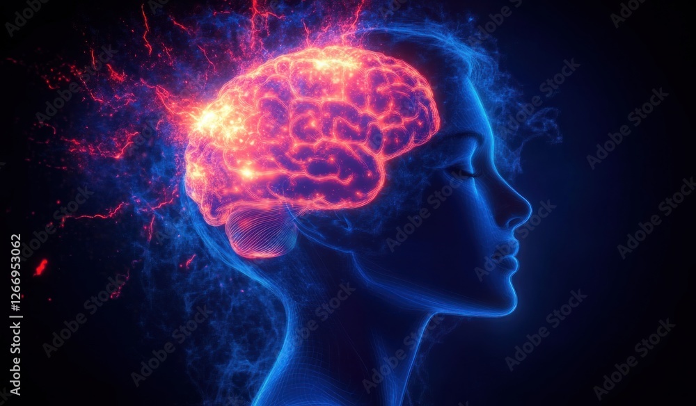 Obraz premium Human Head with Glowing Brain and Electric Sparks Representing Inner Turmoil and Neurological Disorders
