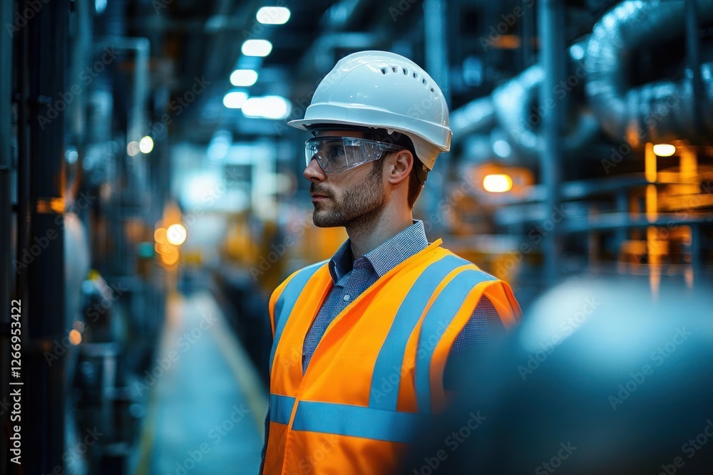 Engineer in Safety Vest and Hard Hat in Modern Industrial Environment with Laptop Engineer in Safety Vest and Hard Hat in Modern Industrial Environment with Laptop