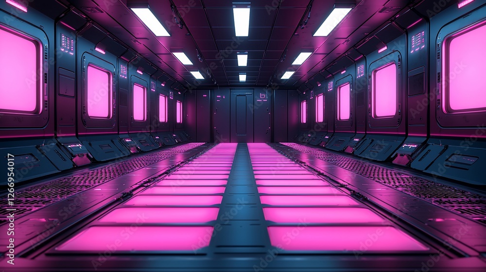 Futuristic corridor with vibrant pink lighting and sleek metallic surfaces, evoking a sci-fi setting Futuristic corridor with vibrant pink lighting and sleek metallic surfaces, evoking a sci-fi setting