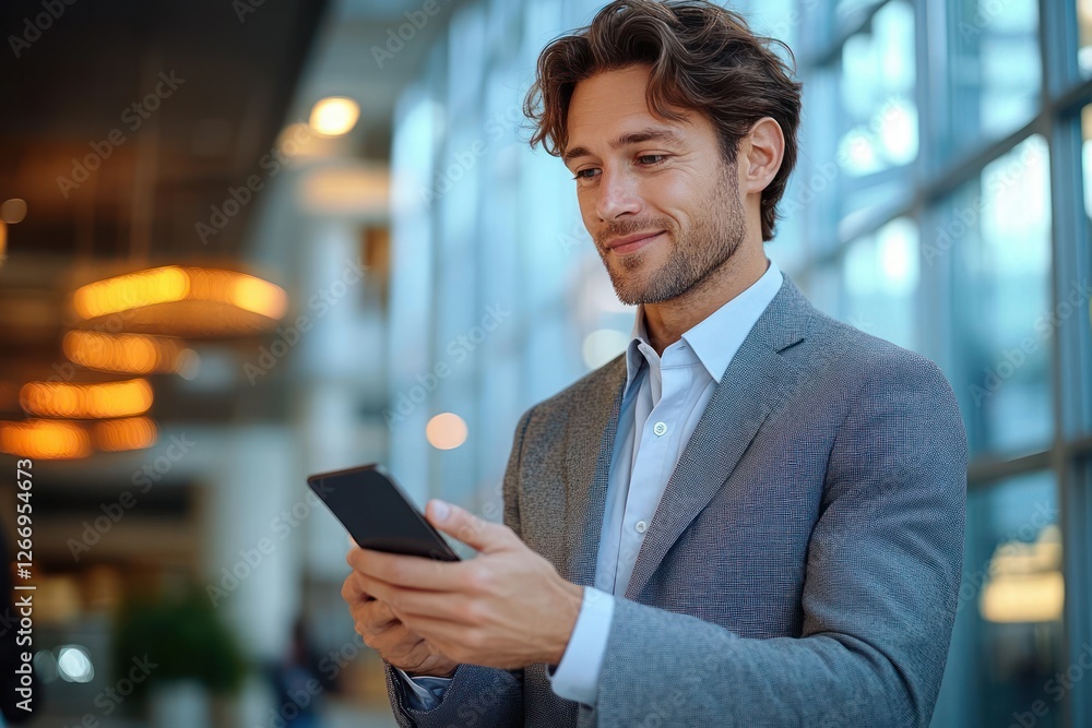Businessman in Modern Office Setting with Smartphone and Glasses Businessman in Modern Office Setting with Smartphone and Glasses