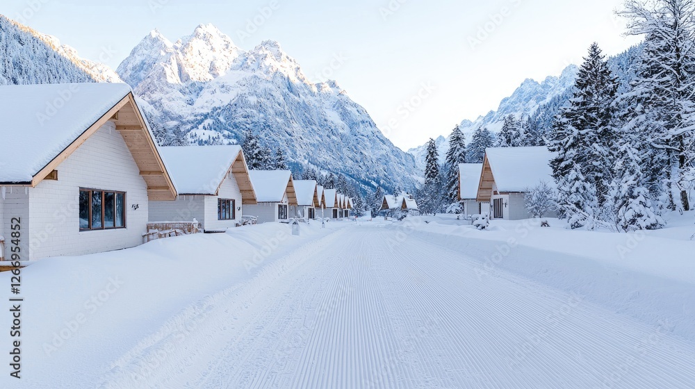 Snowy mountain village, ski resort, winter homes, peaceful scenery Snowy mountain village, ski resort, winter homes, peaceful scenery