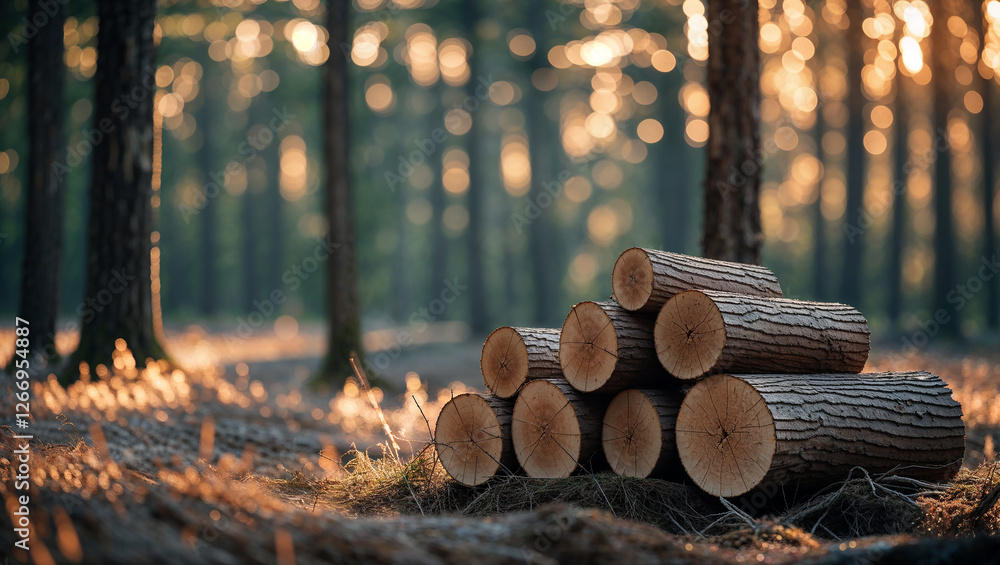 Stack of logs illuminating the forest floor at golden hour Stack of logs illuminating the forest floor at golden hour