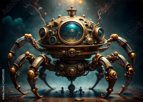 Mechanical Spider Automaton with Intricate Gears and Glowing Eyes, Steampunk Design with Metallic Legs and Detailed Craftsmanship, Futuristic Robotic Creature in a Dark Environment