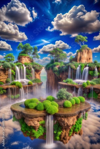 A fantastical floating island with multiple waterfalls, vibrant green trees, and fluffy white clouds under a bright blue sky