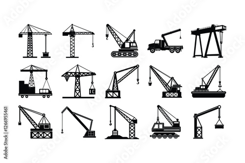 Set of black construction crane silhouettes including tower, mobile, gantry, and ship cranes in various designs