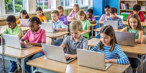Children working diligently on their laptops in a well-lit classroom enhancing their digital literacy