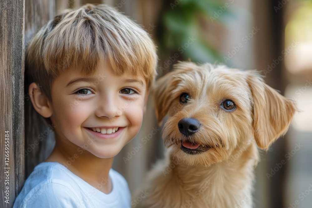 Smiling boy poses happily with his friendly dog outdoors on a sunny day in a rustic setting. Generative AI Smiling boy poses happily with his friendly dog outdoors on a sunny day in a rustic setting. Generative AI