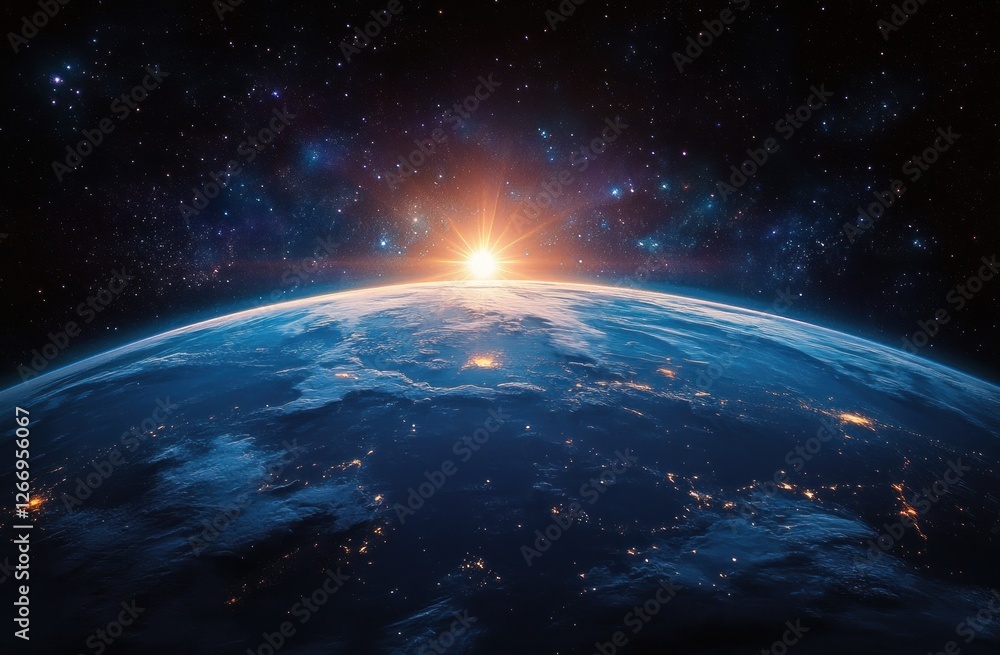 Hyper-realistic Earth from Space Sunrise View with Stars and Ambient Lighting Hyper-realistic Earth from Space Sunrise View with Stars and Ambient Lighting