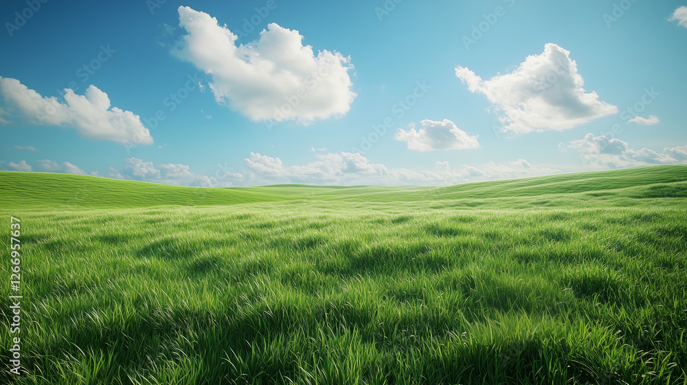 Fototapeta premium Vibrant green grass field under blue sky with fluffy clouds, tranquility