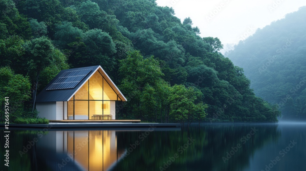 Fototapeta premium Scenic Lake House with Solar Panels on Roof Surrounded by Lush Greenery