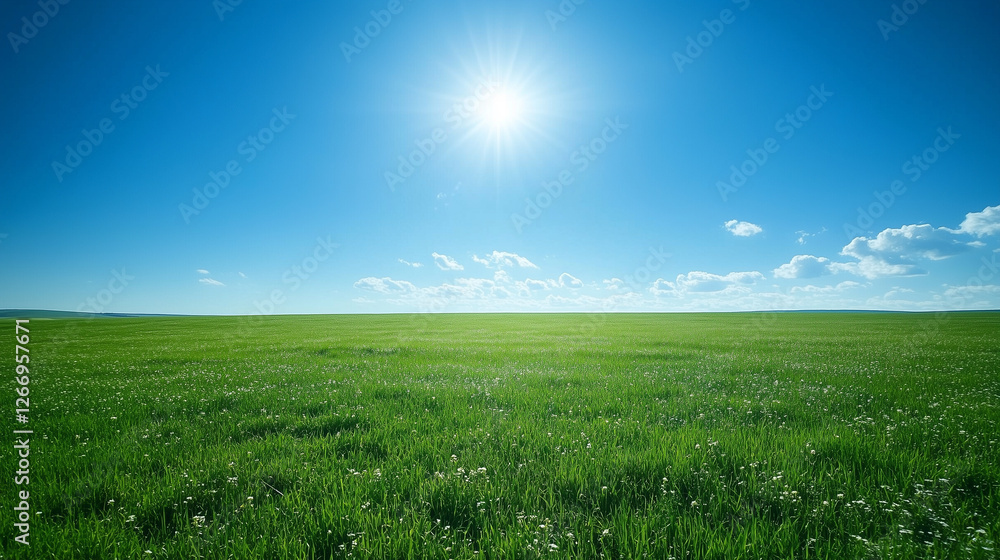 Fototapeta premium Vibrant green field under bright sun, refreshing nature