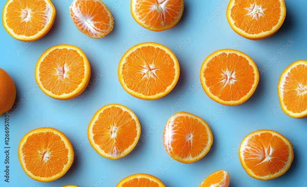 Fresh mandarin oranges and clementines flat lay on blue background with bright natural light Fresh mandarin oranges and clementines flat lay on blue background with bright natural light