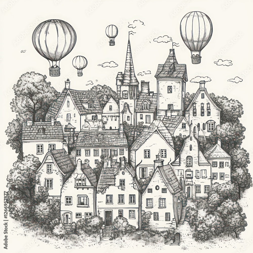 Fototapeta premium Whimsical Village with Hot Air Balloons and Trees Hand-Drawn Illustration