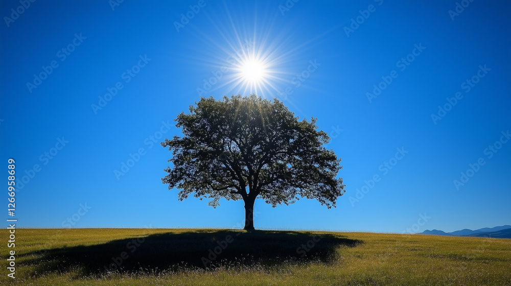 Fototapeta premium Majestic tree silhouetted against sunny blue sky, nature's beauty