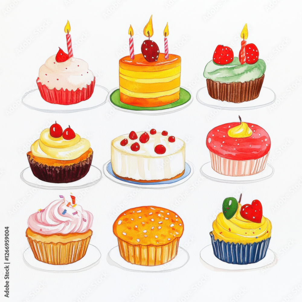 Here's the English translation: Draw a cartoon children's illustration in gouache colors featuring birthday cake, cupcake, mooncake, on a white background Here's the English translation: Draw a cartoon children's illustration in gouache colors featuring birthday cake, cupcake, mooncake, on a white background