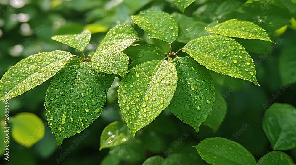 Dew Drops Adorn Lush Green Leaves Of A Plant Dew Drops Adorn Lush Green Leaves Of A Plant