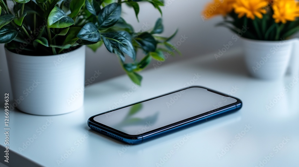 Smartphone on a Table with Plants Smartphone on a Table with Plants