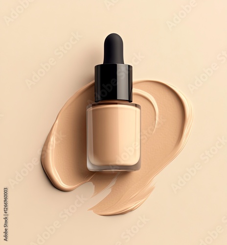 A beautiful, minimalistic vector background with a liquid foundation bottle and a smudge of beige color on a light cream background, 