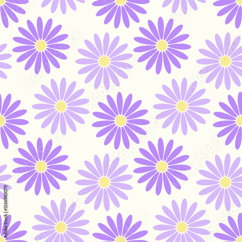 Purple asters on beige background. Seamless pattern, lilac flowers print for wrapping paper wallpaper textile. Vector illustration