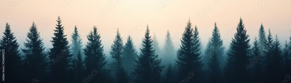 Fototapeta premium Serene Misty Dawn Over a Forest Silhouette with Tall Evergreen Trees Against a Soft Pastel Sky