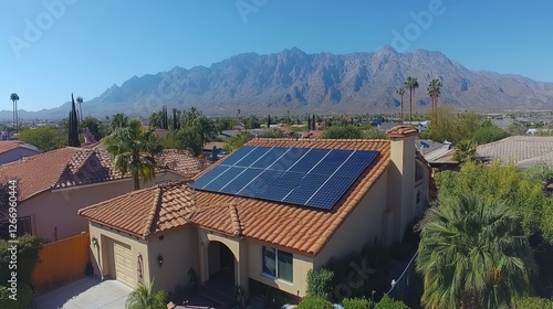 Scenic suburban home with rooftop solar panels and mountain view