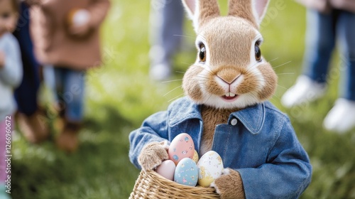 Joyful gathering of children and a bunny during an Easter egg hunt filled with bright colors and cheerful fun moments photo