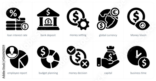 A set of 10 business icons as loan interest rate, bank deposit, money setting