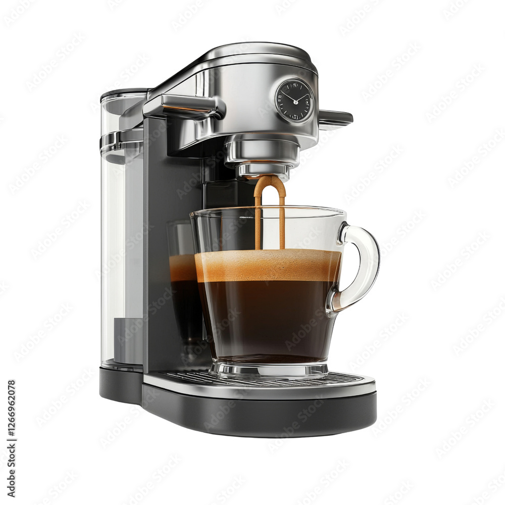 Modern coffee machine brewing espresso in glass cup, showcasing sleek design and functionality. Perfect for coffee lovers seeking convenience and style Modern coffee machine brewing espresso in glass cup, showcasing sleek design and functionality. Perfect for coffee lovers seeking convenience and style