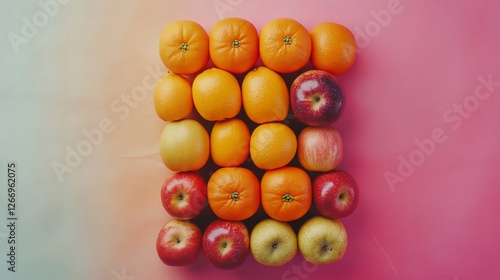 Colorful arrangement of apples and oranges on a gradient background, creating a vibrant display